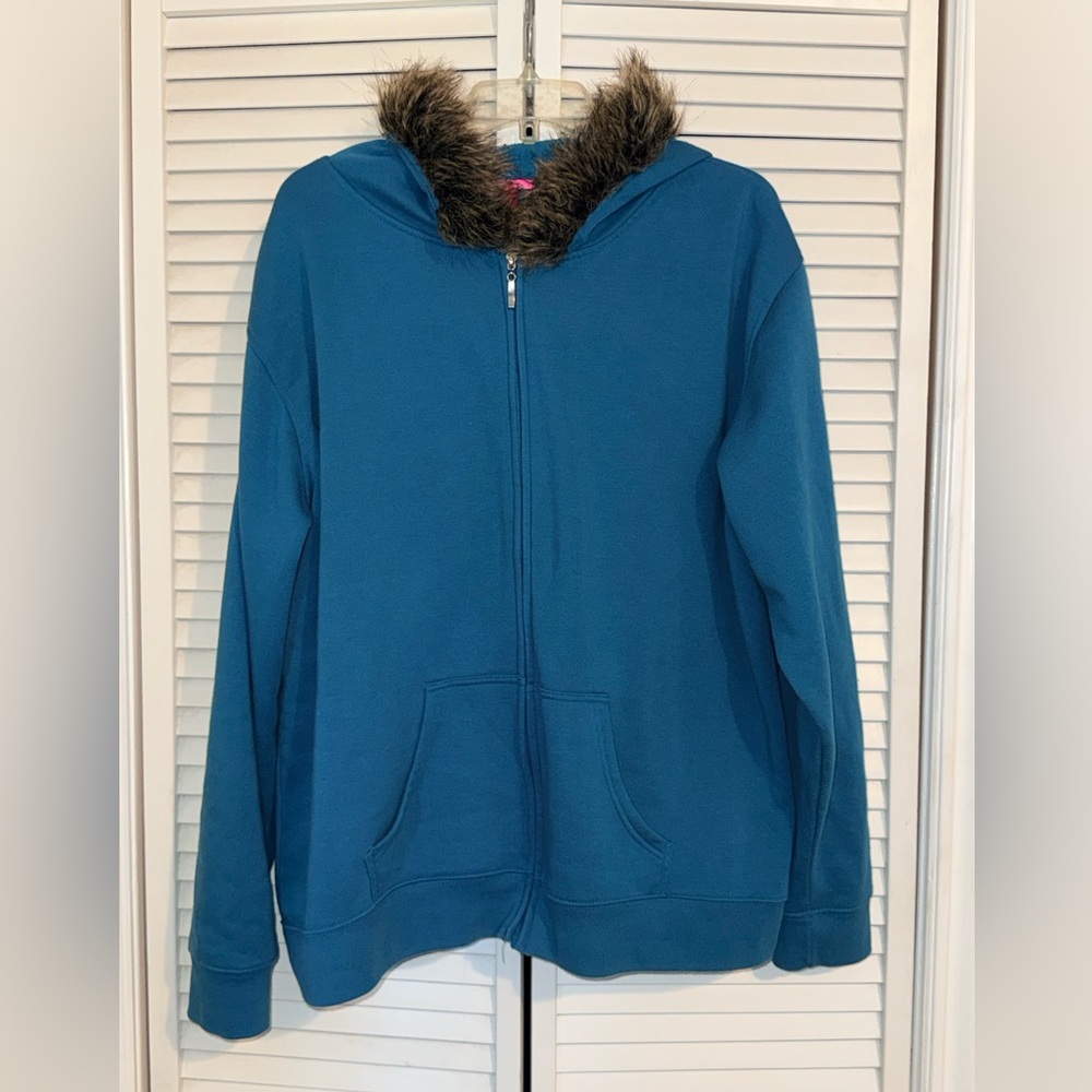 Mix & Co Teal Blue Hoodie with Faux Fur Trim - 3X